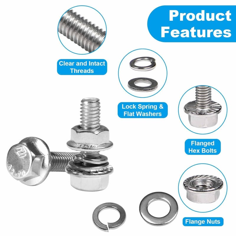Yinpecly 25 Sets M6-1.0 x 20mm Flanged Hex Head Bolts Kits, M6 Flange Hexagon Screws and Nuts,Flat & Spring Lock Washers,18-8 (304) Stainless Steel,Metric Bolt Assortment, Fully Threaded - Image 3